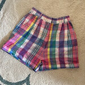 Preppy Vintage Pastel Plaid Pleated Cuffed Mini Shorts Adorable Multicolor Check